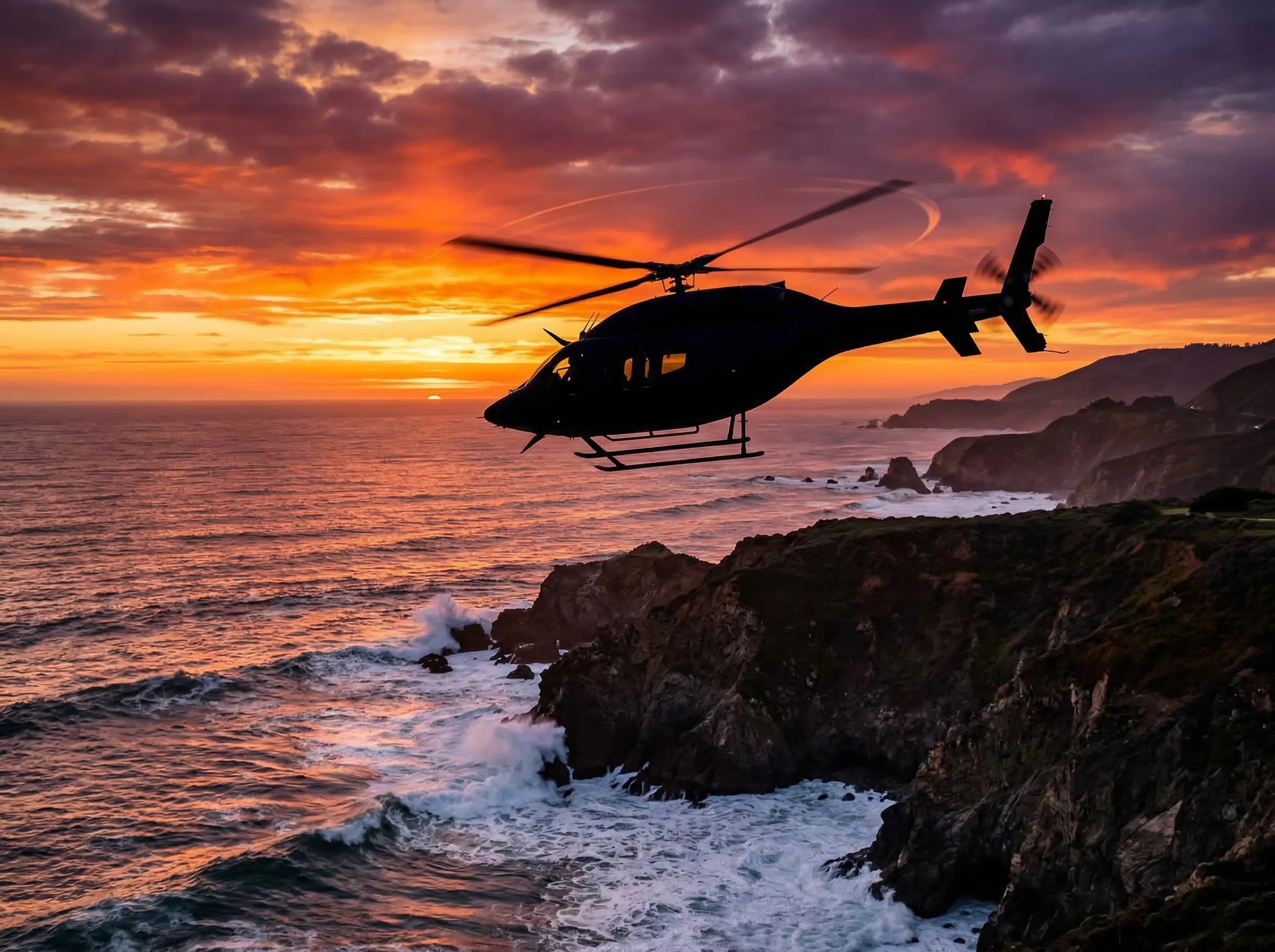 Helicopter silhouetted against a dramatic Pacific Ocean sunset