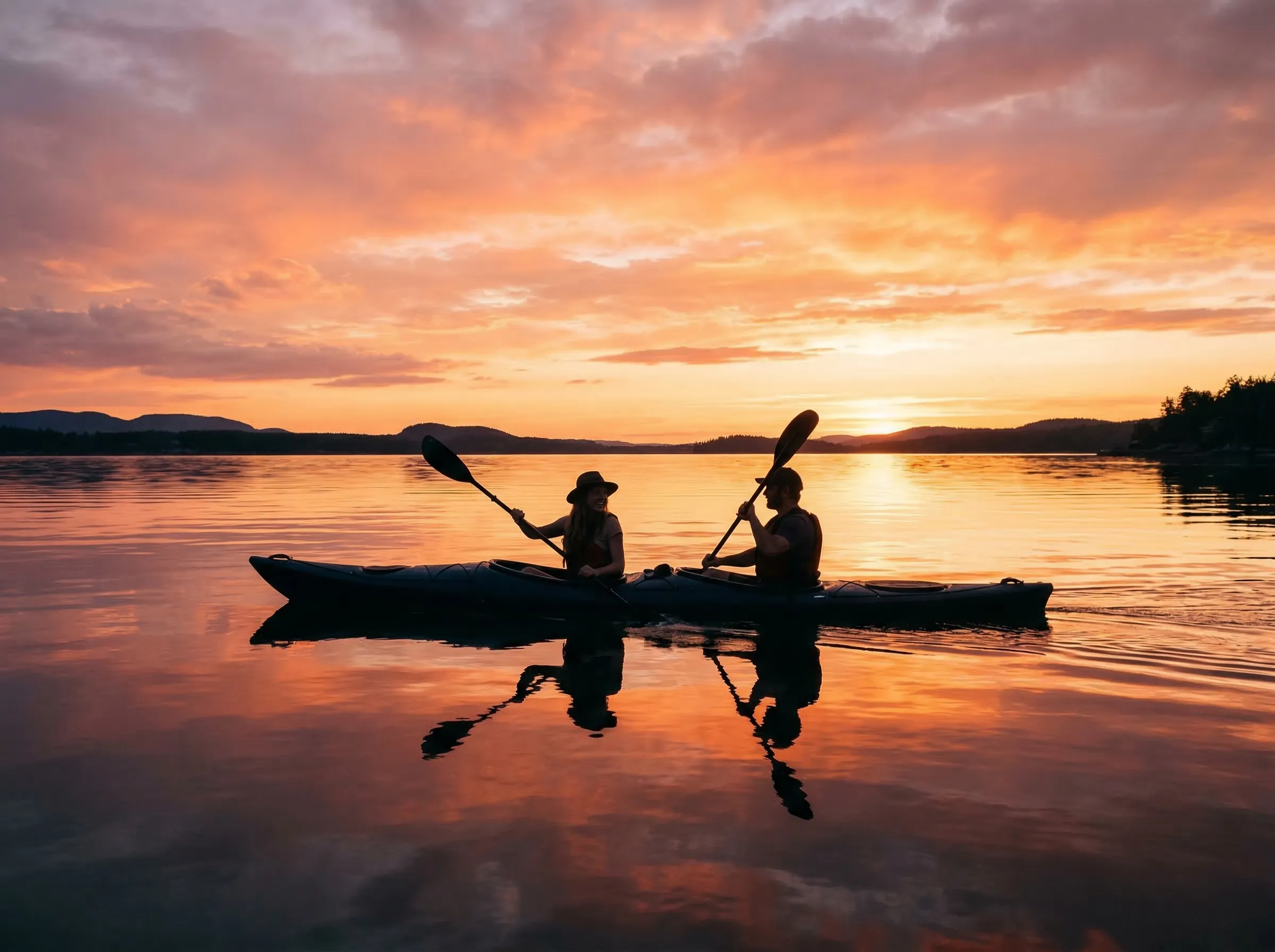Romantic sunset kayaking on a calm bay