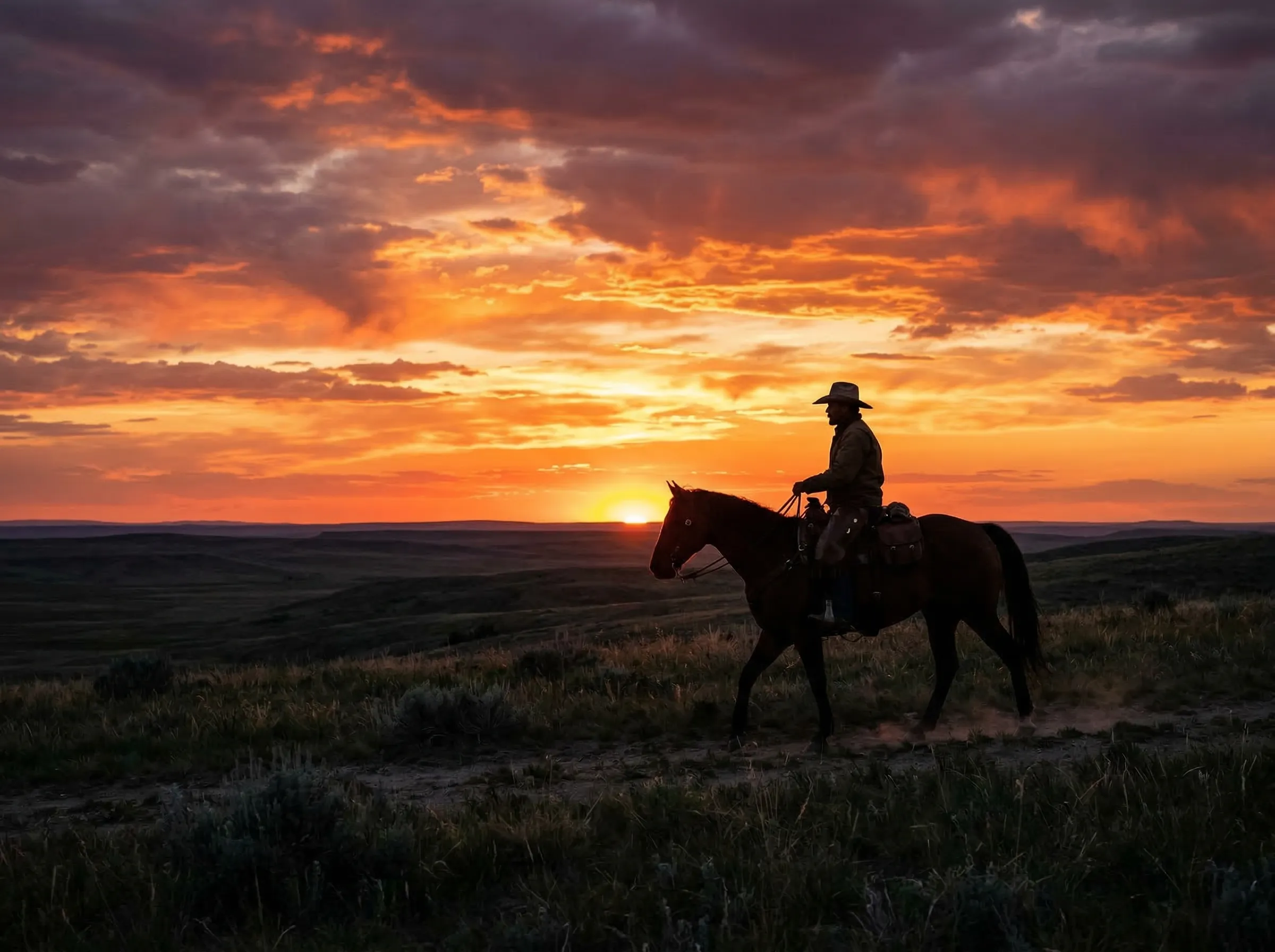 Horse and rider silhouetted against a fiery sunset sky