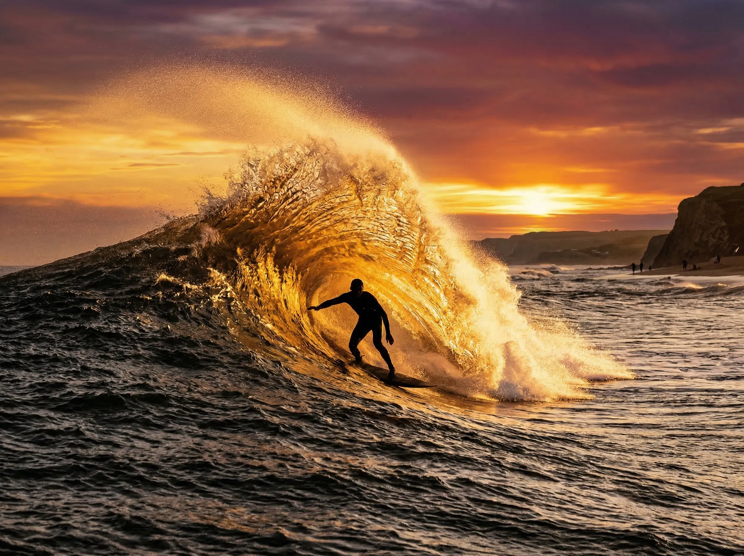 Surfer riding a perfect wave silhouetted at sunset