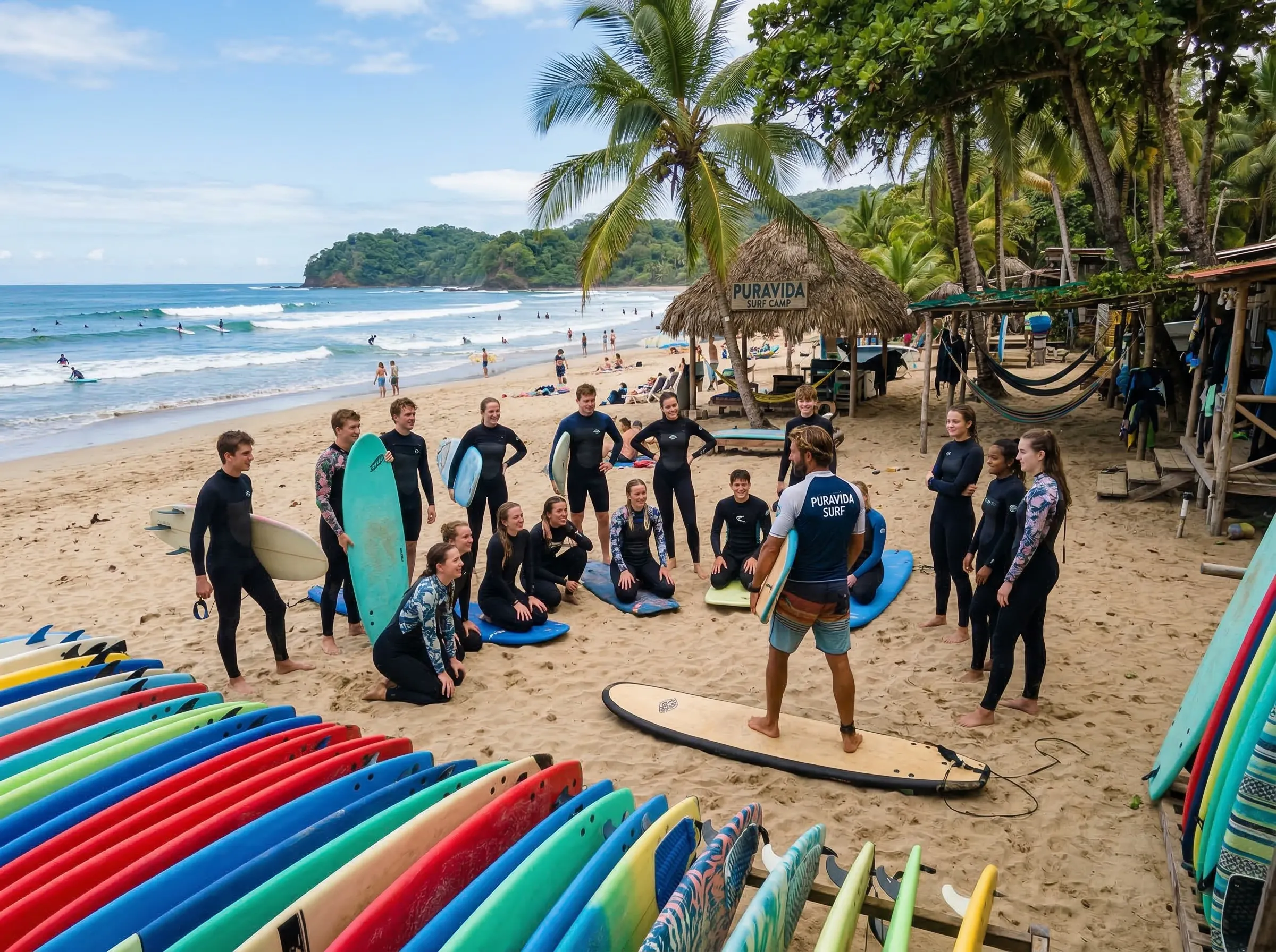 Wide view of a surf camp on the beach with colorful boards