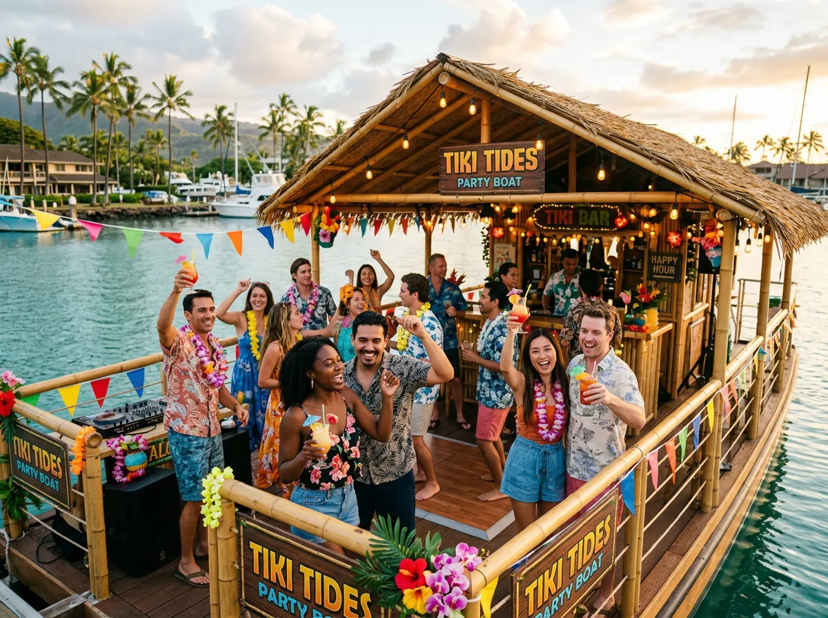 Tiki bar party boat with happy passengers