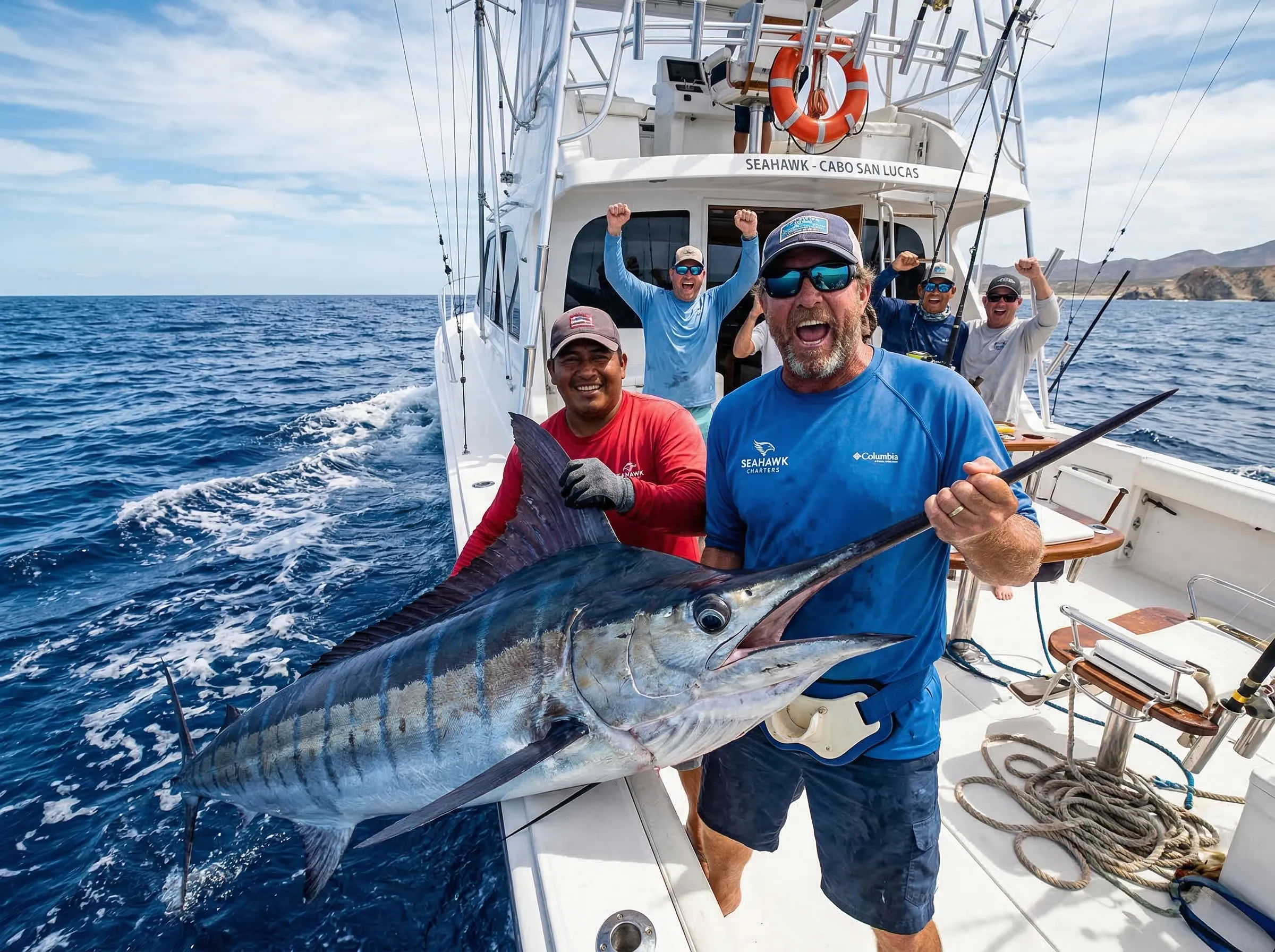 Angler with massive marlin alongside charter boat