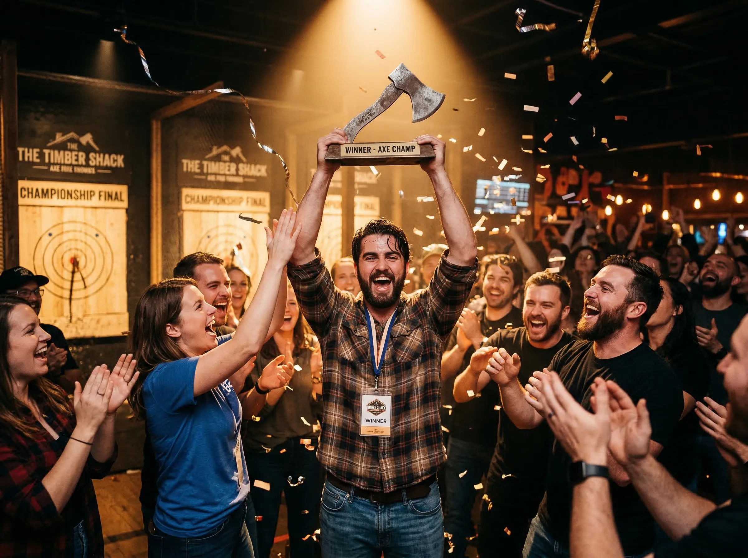 Axe throwing competition winner holding a trophy with celebrating friends