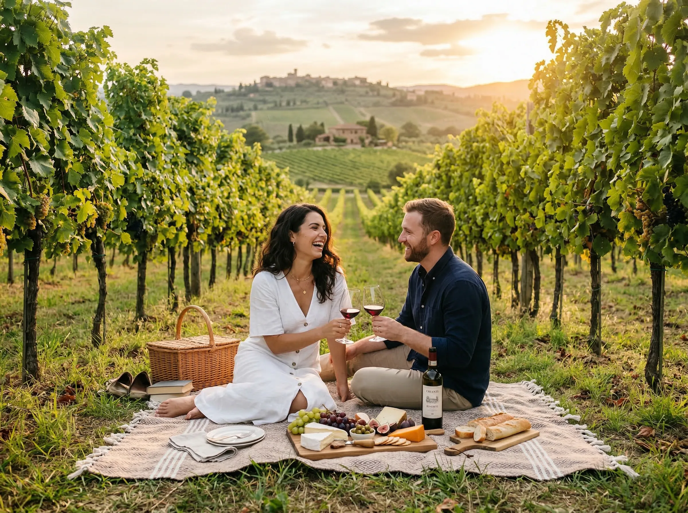 Romantic vineyard picnic with wine and cheese