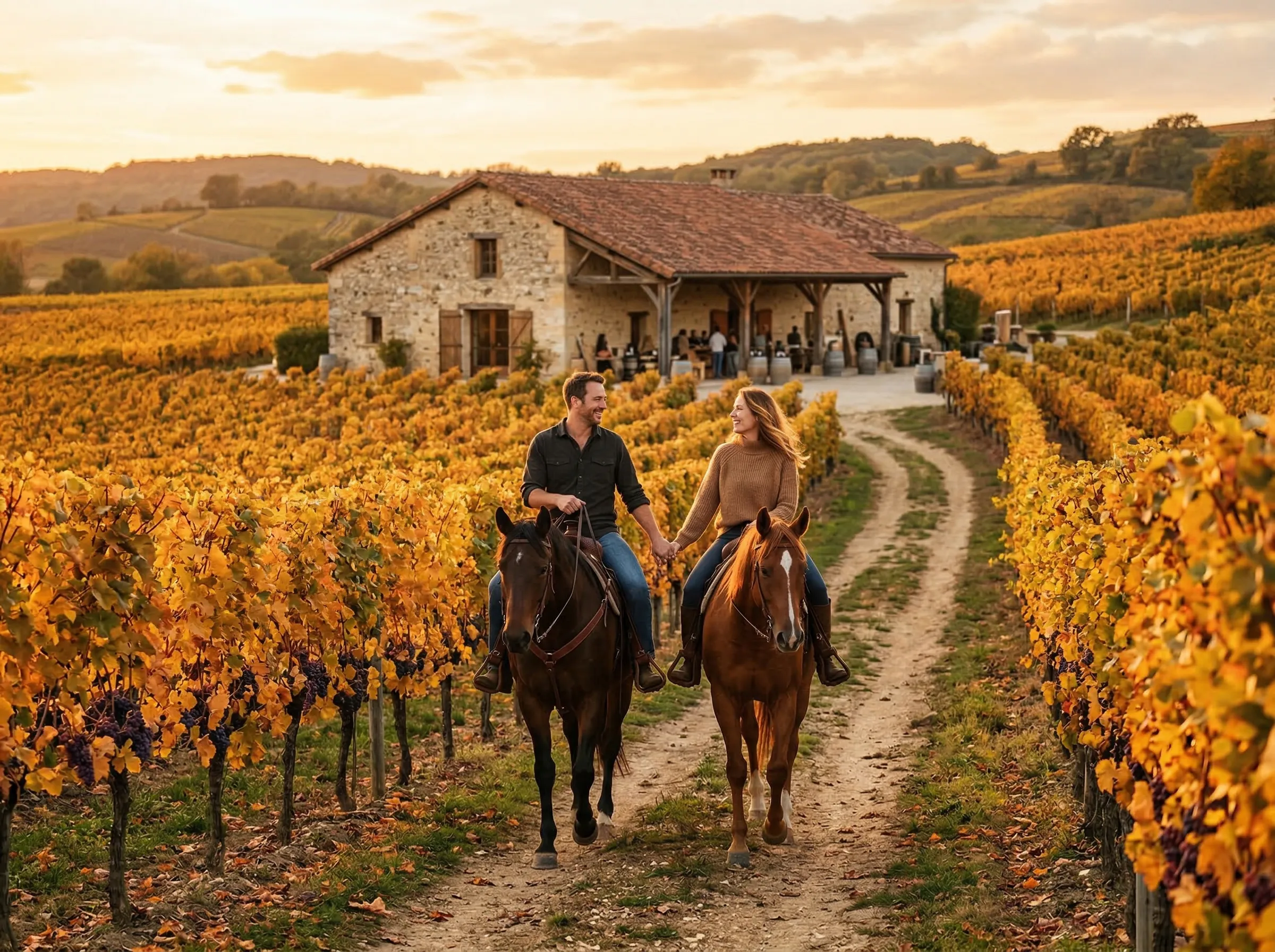 Romantic horseback riding through a vineyard at harvest