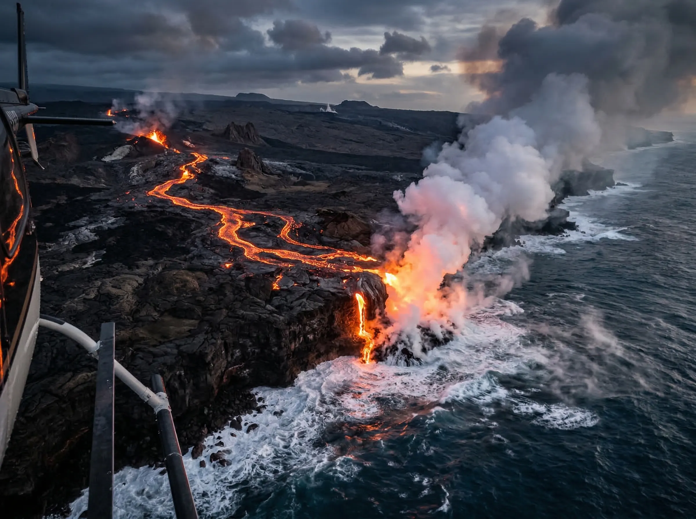 Active Hawaiian volcano with lava flows seen from above