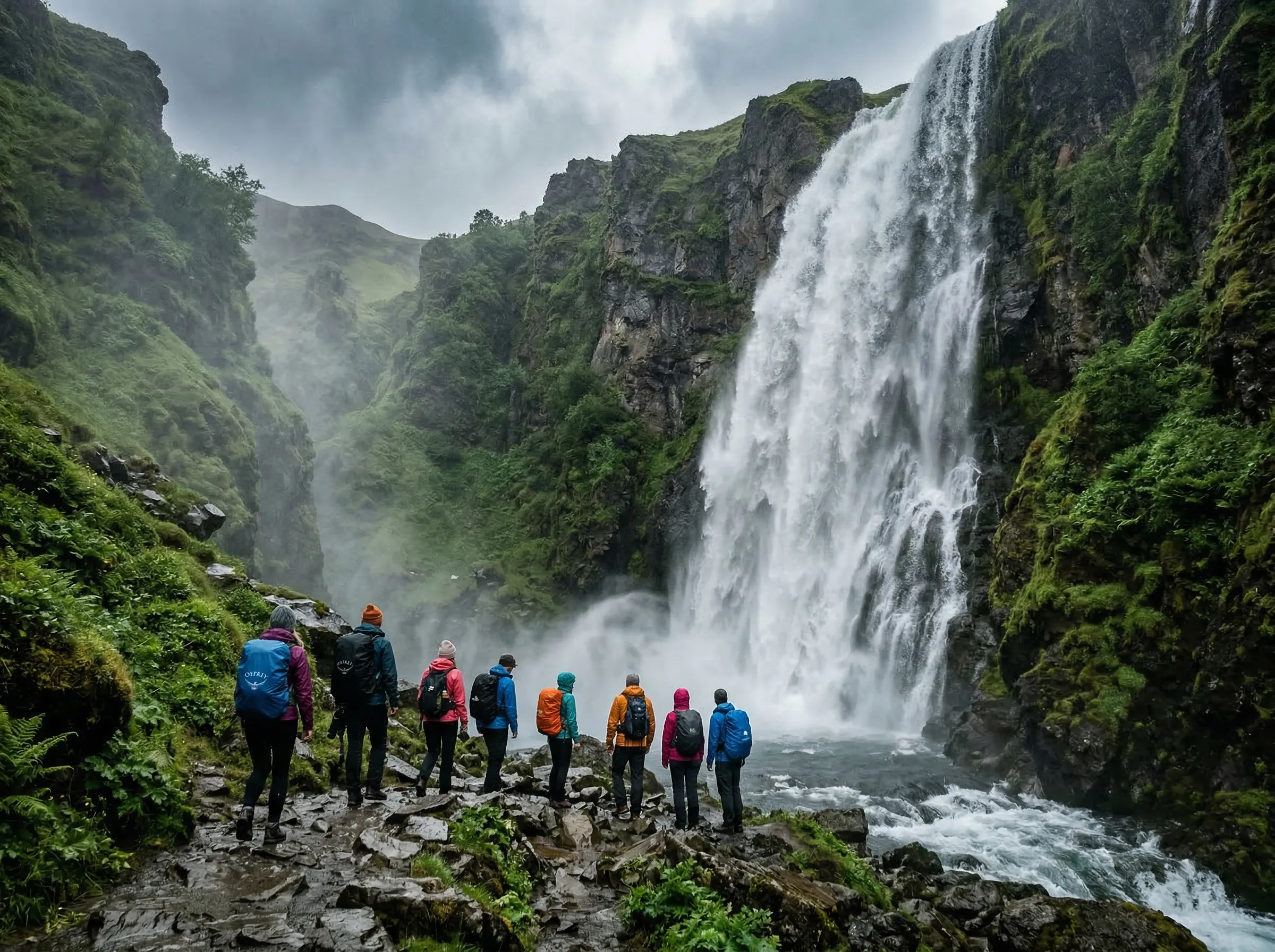 Hiking group at the base of a powerful waterfall