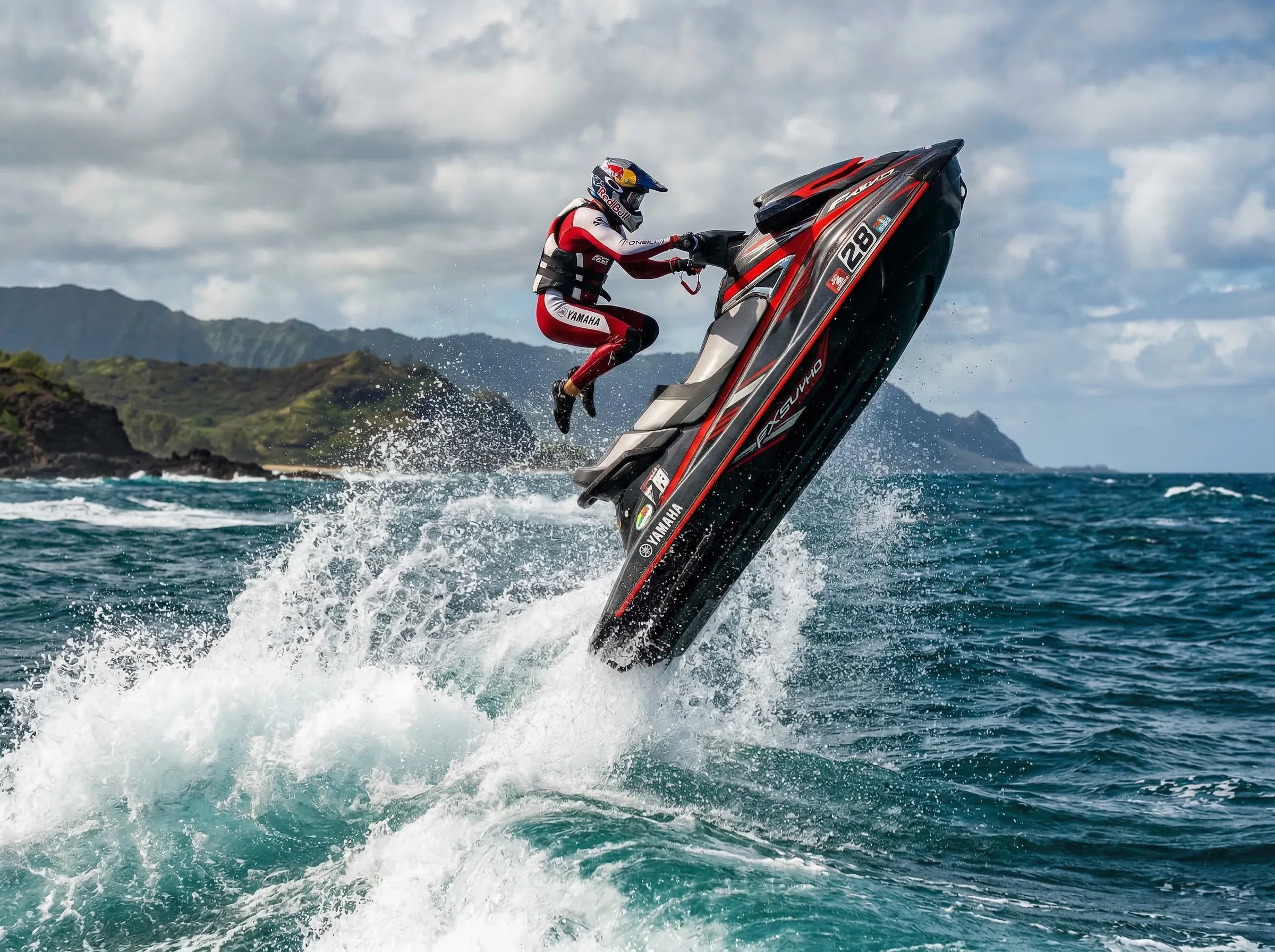 Jet ski launching airborne over an ocean wave