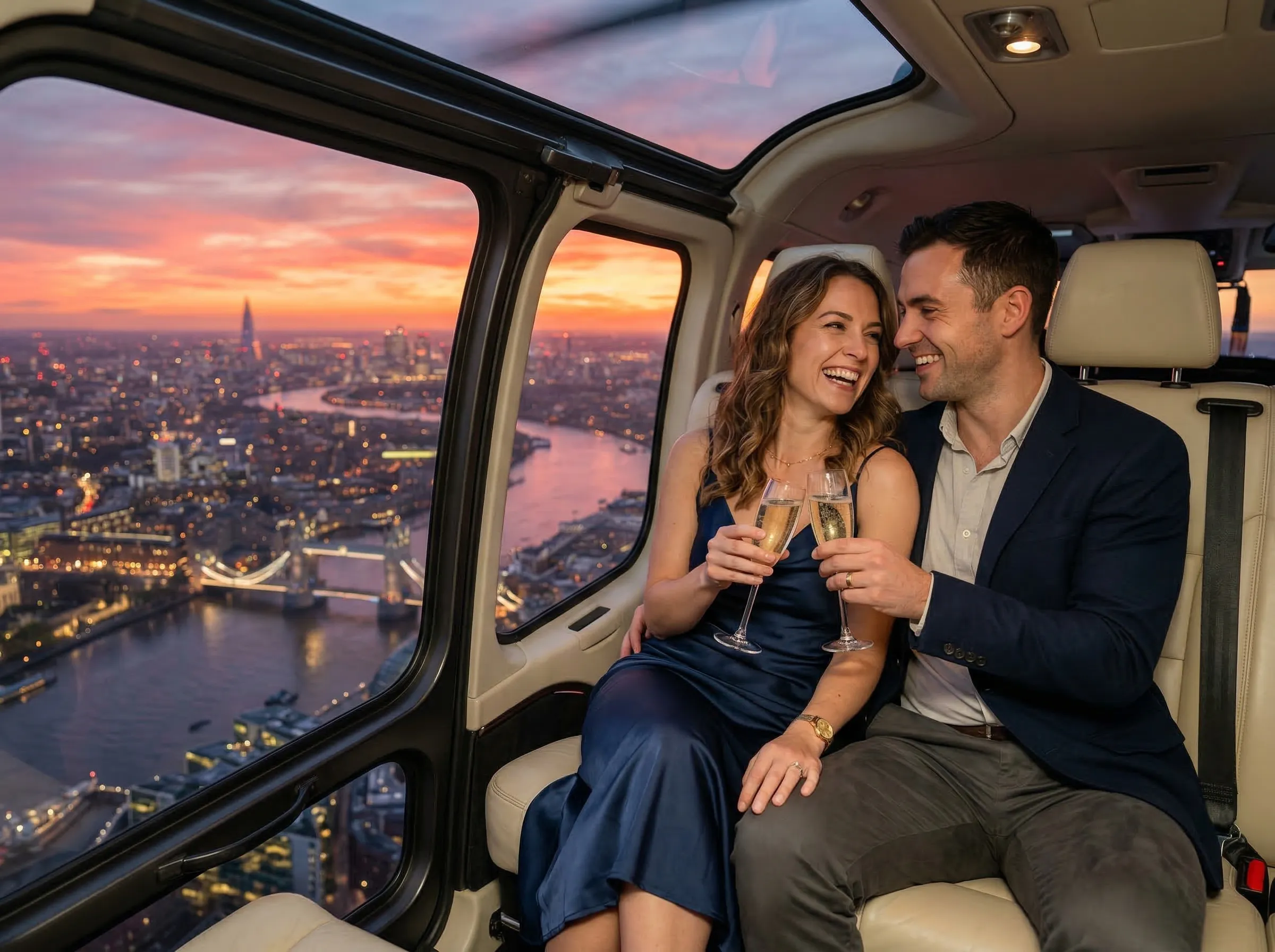 Romantic couple celebrating with champagne on a helicopter tour