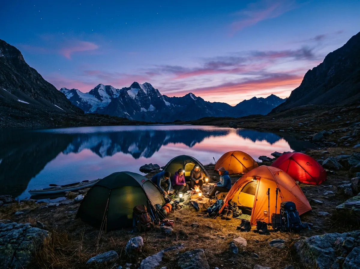 Wilderness expedition camp at twilight beside an alpine lake