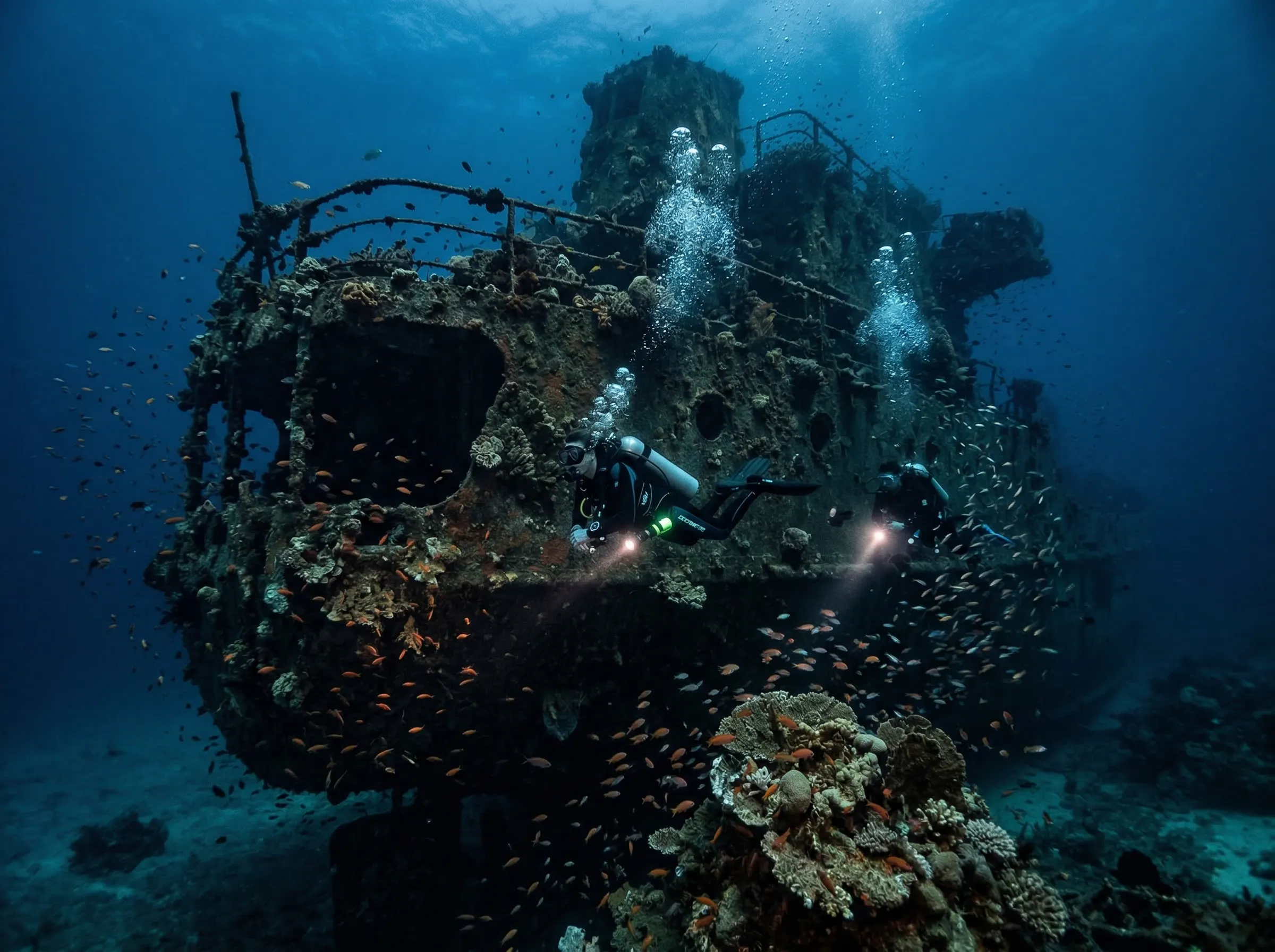 Divers exploring a coral-encrusted shipwreck