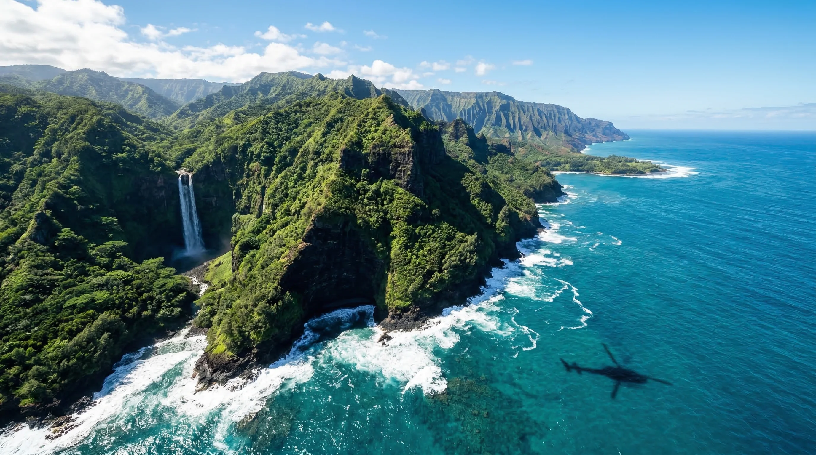 Helicopter soaring above a dramatic mountain landscape