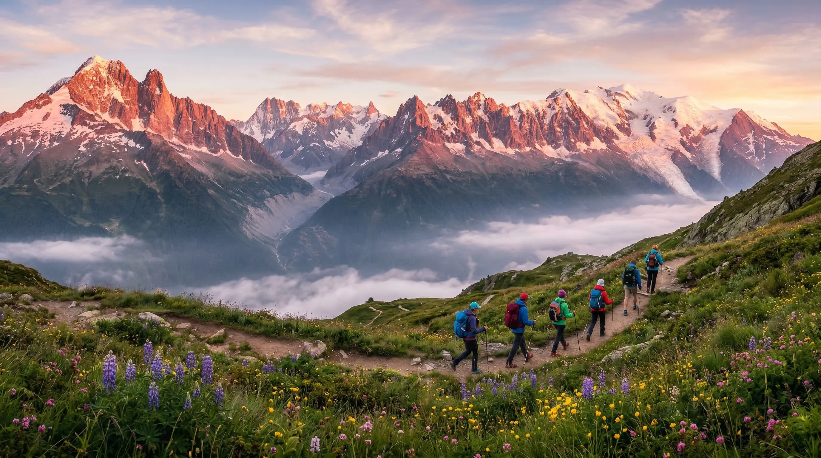 Hikers trekking along a mountain trail with panoramic valley views