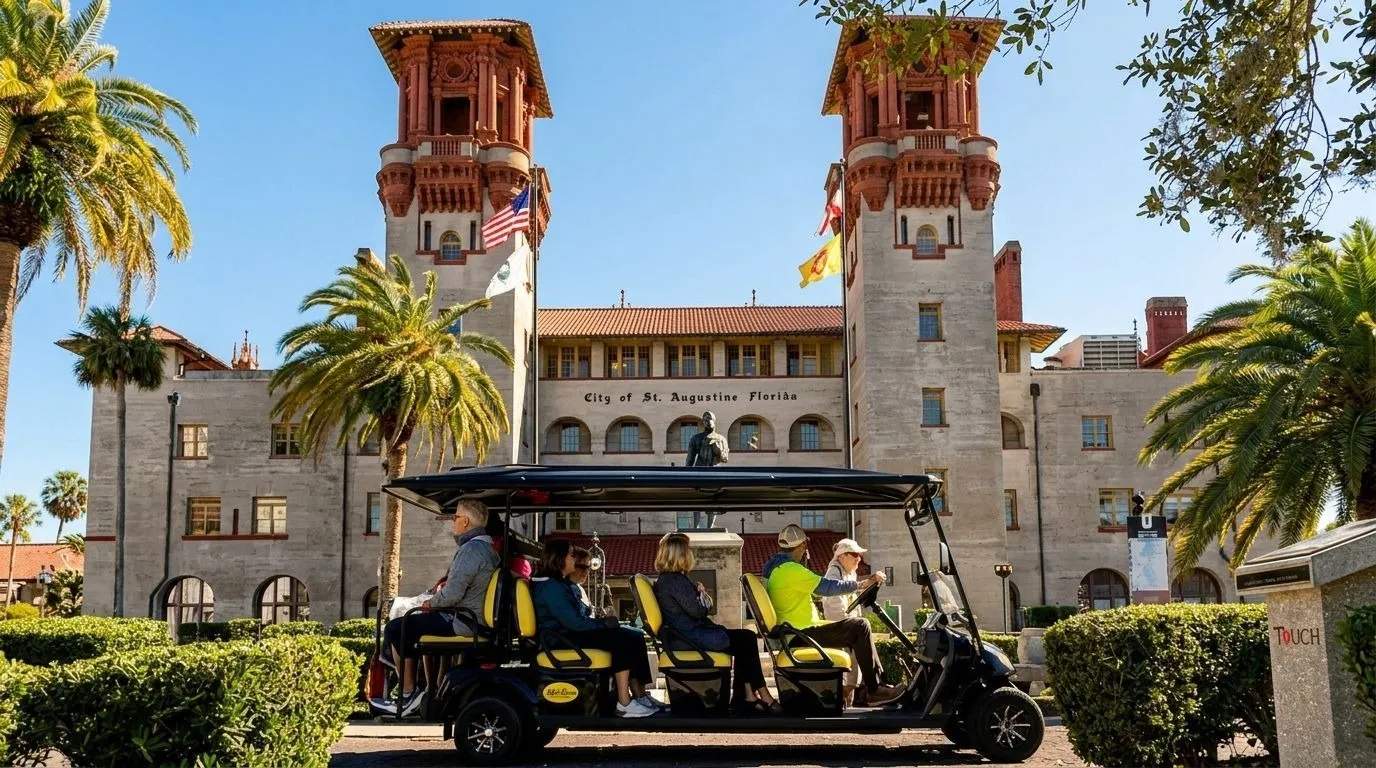 Guests on a golf cart tour in front of a historic building with two towers