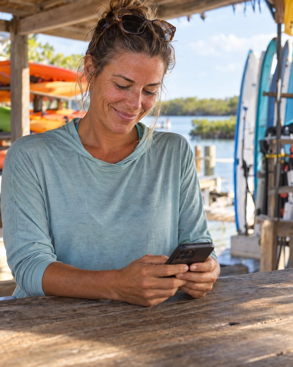 A kayak shop owner smiling as she reads a reply on her phone
