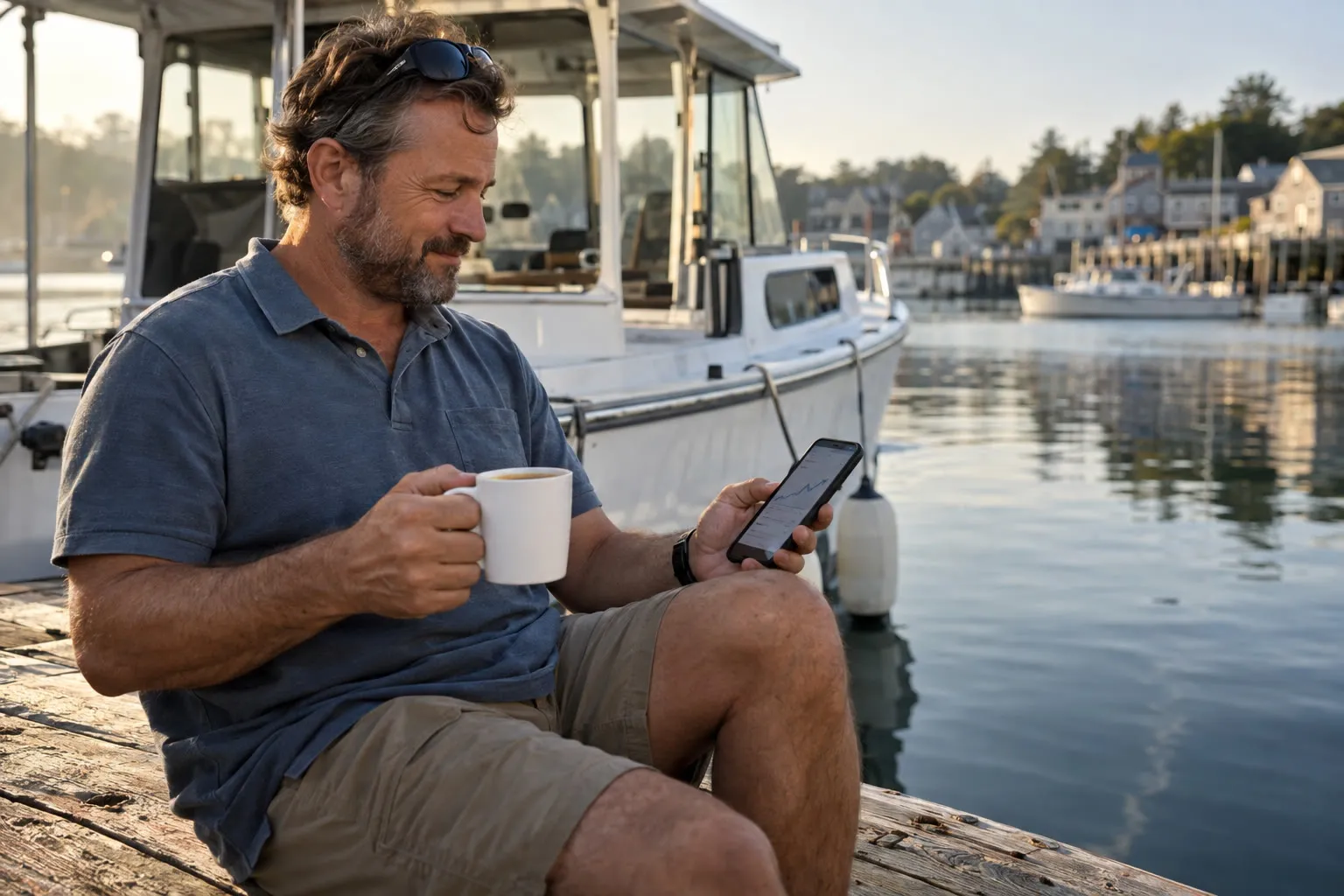 A boat tour owner on the dock with his coffee, reading a reply on his phone