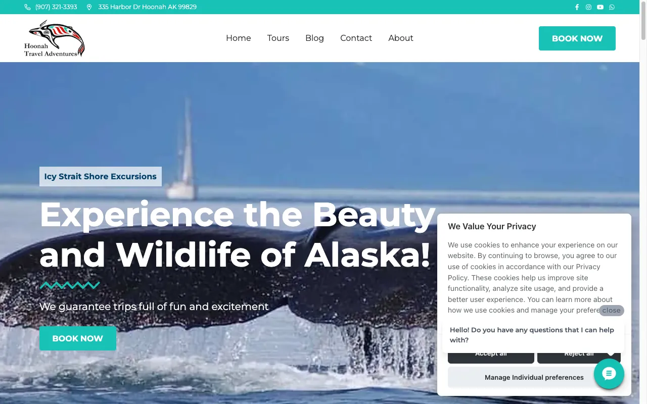 Hoonah Travel Adventures website screenshot