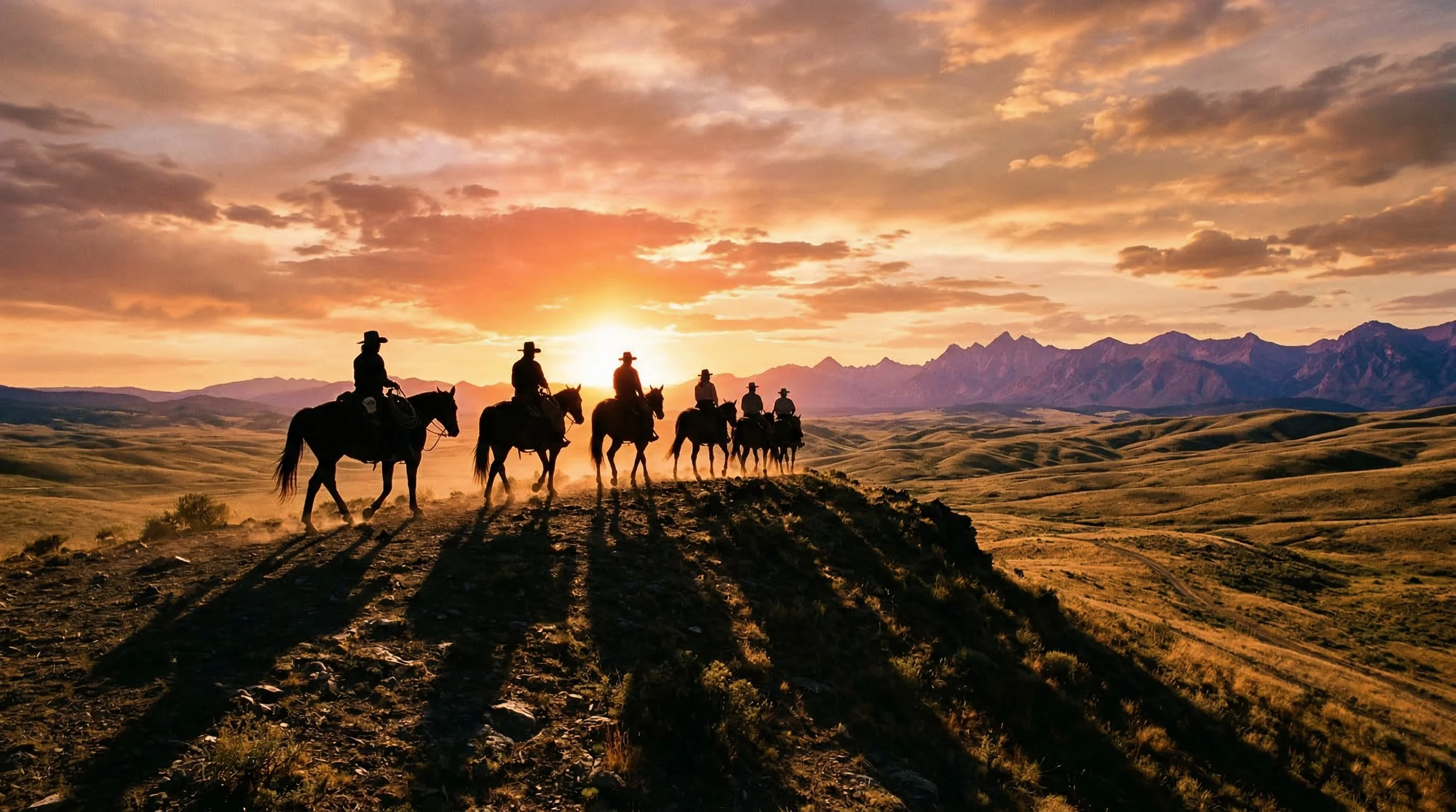 Riders on horseback crossing a sunlit meadow with mountains in the distance