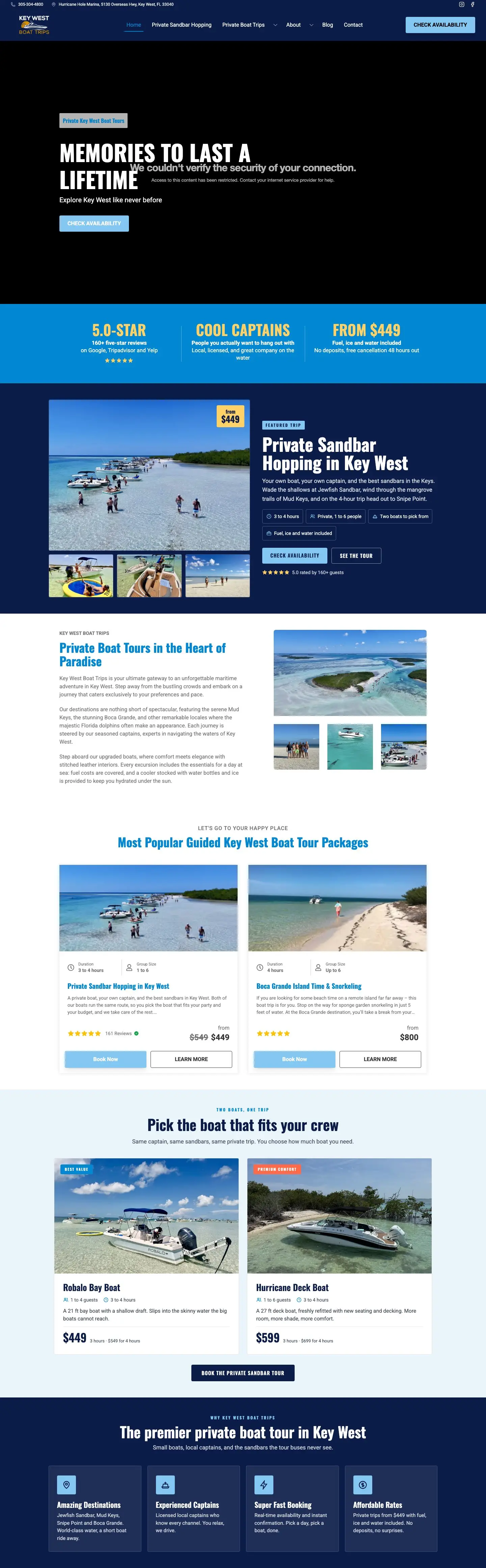 The full Key West Boat Trips home page on a desktop