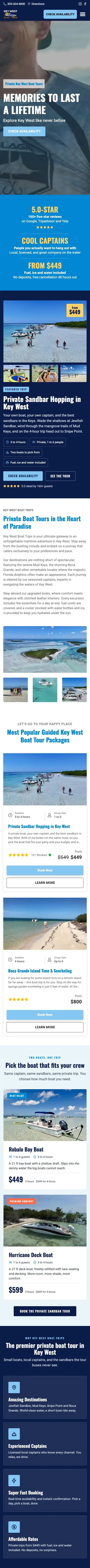 The Key West Boat Trips home page on a phone