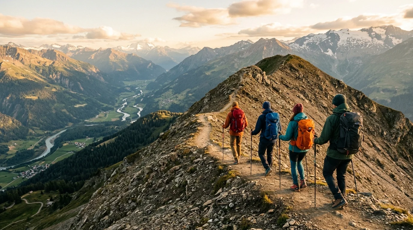 Adventurers hiking along a dramatic mountain ridge trail at golden hour with sweeping valley views