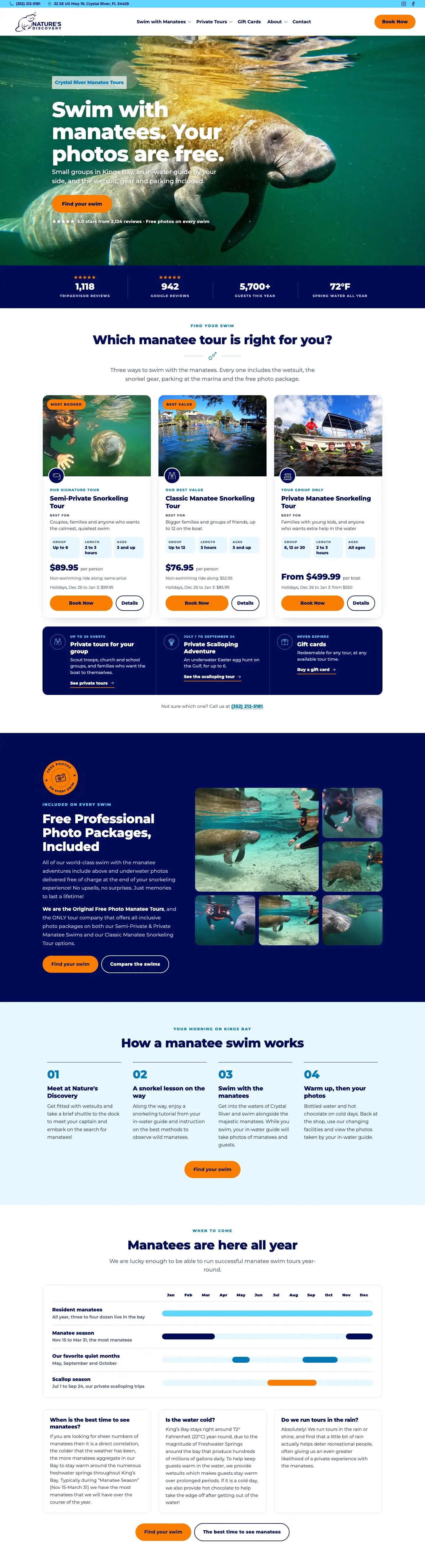 The full Nature's Discovery home page on a desktop