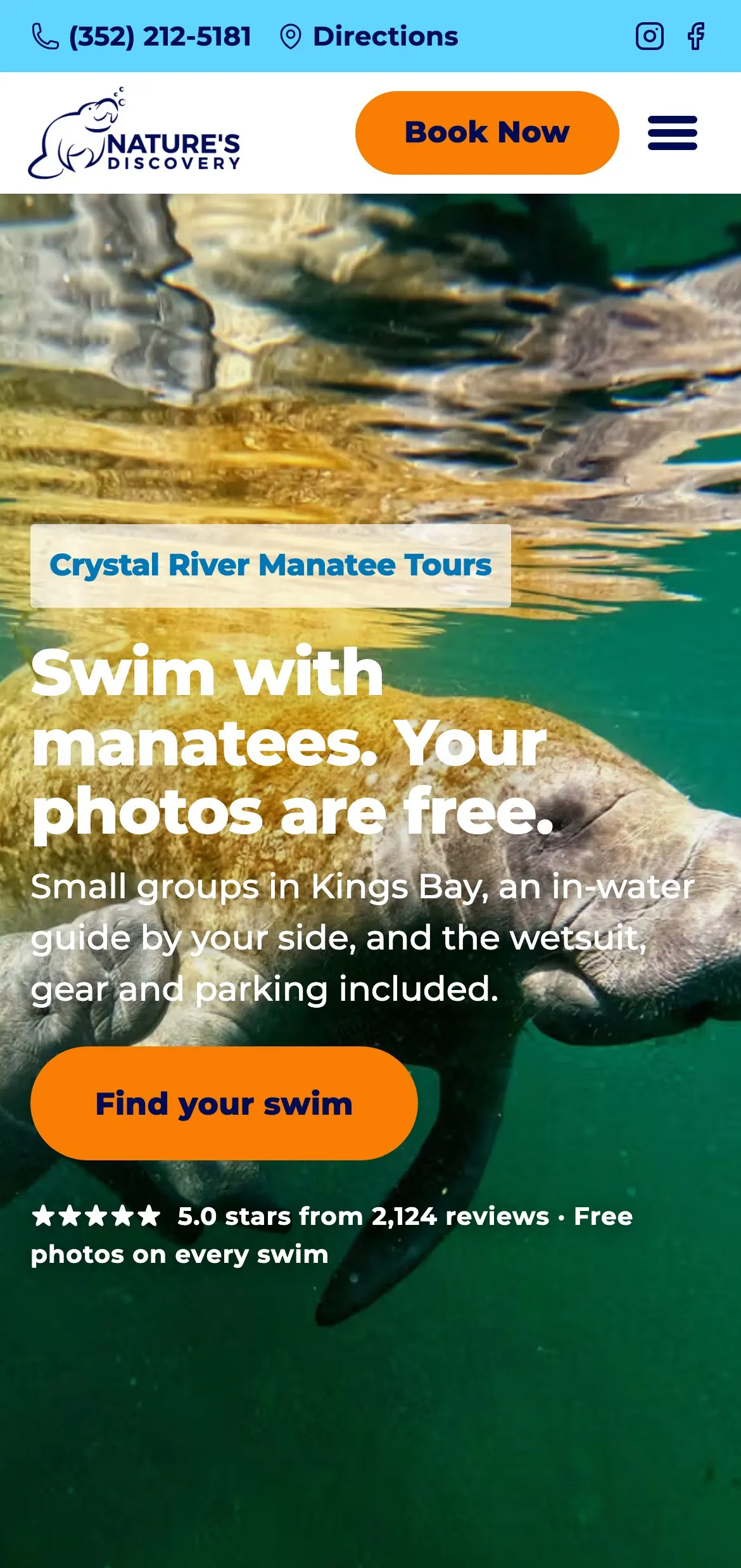 The Nature's Discovery home page on a phone: a manatee photo, the headline Swim with manatees. Your photos are free., and a Find your swim button