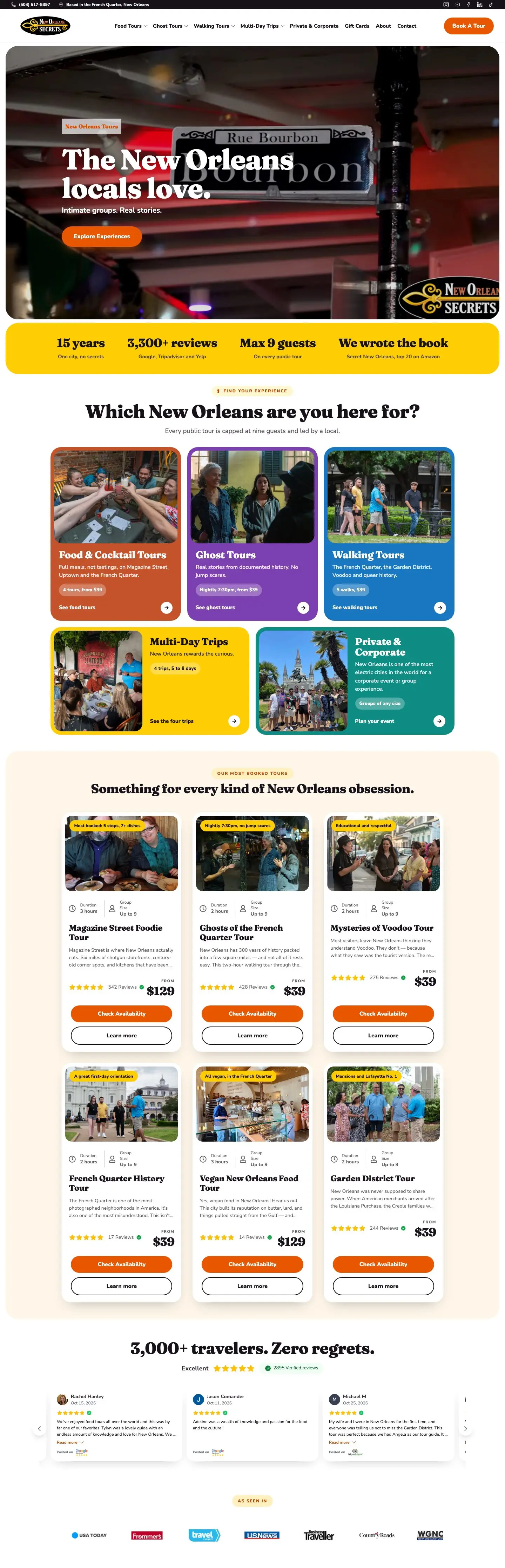The full New Orleans Secrets home page on a desktop