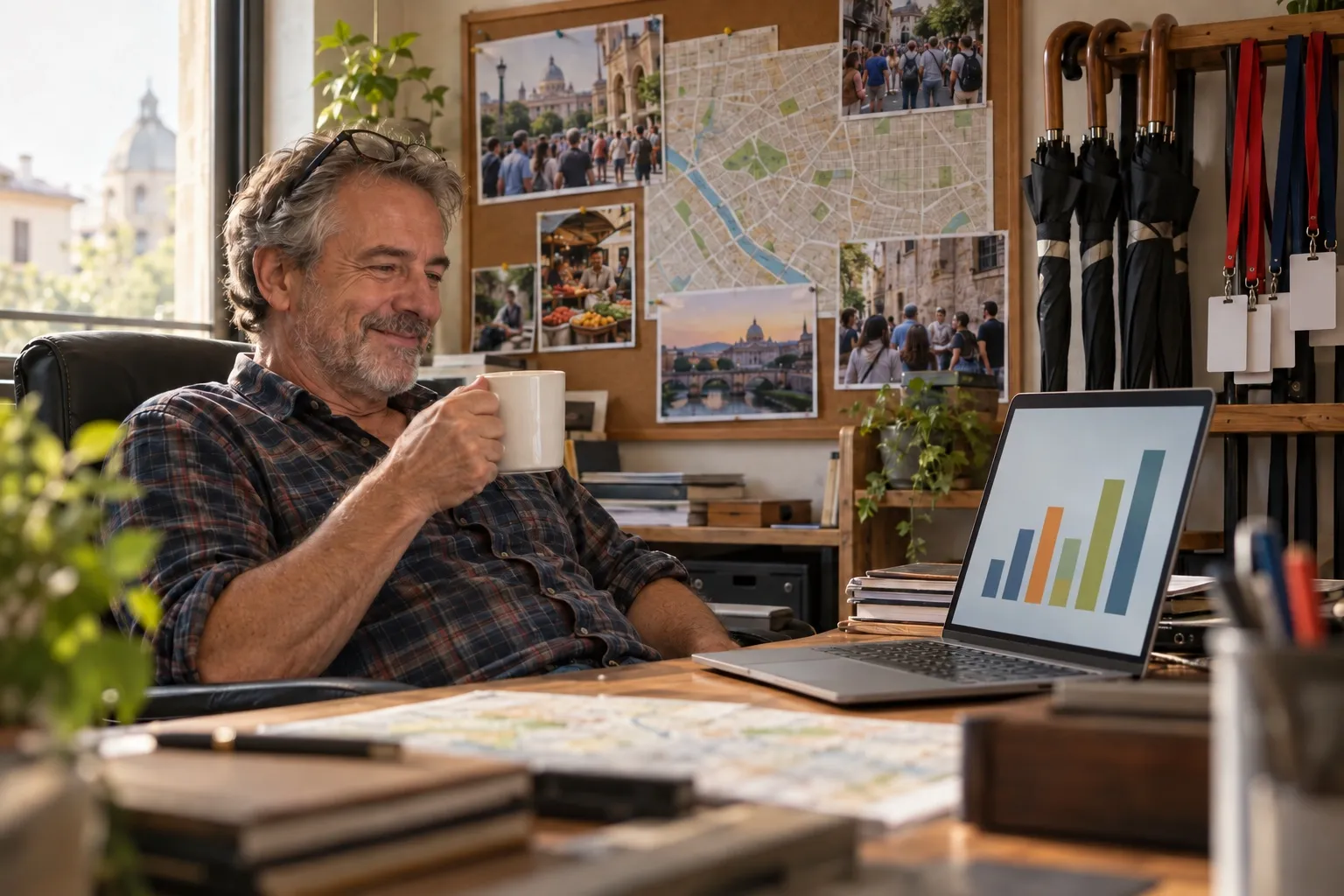 A walking tour owner leaning back with his coffee, smiling at his laptop