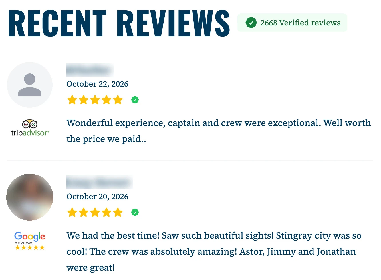 Recent reviews on a Captain Marvin's tour page: a Tripadvisor review and a Google review, each with its source logo, five stars and the date