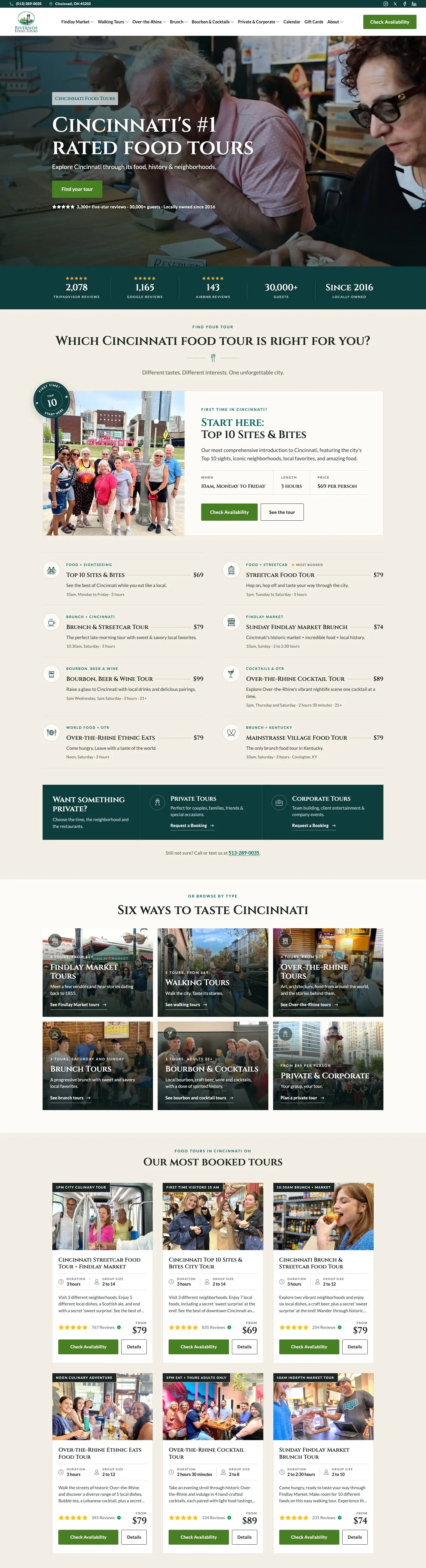 The full Riverside Food Tours home page on a desktop