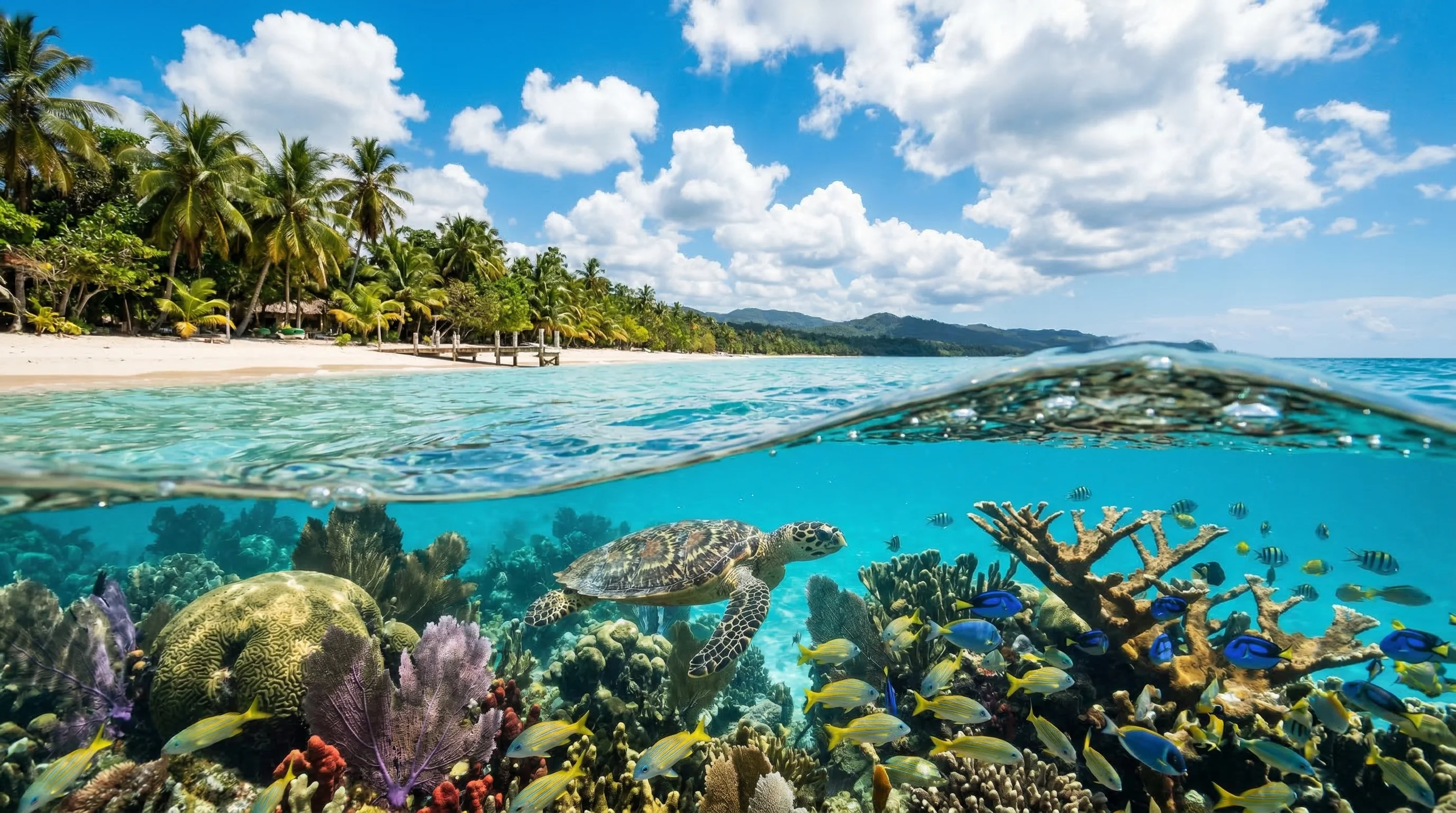 Snorkeler swimming above a vibrant coral reef in clear tropical water