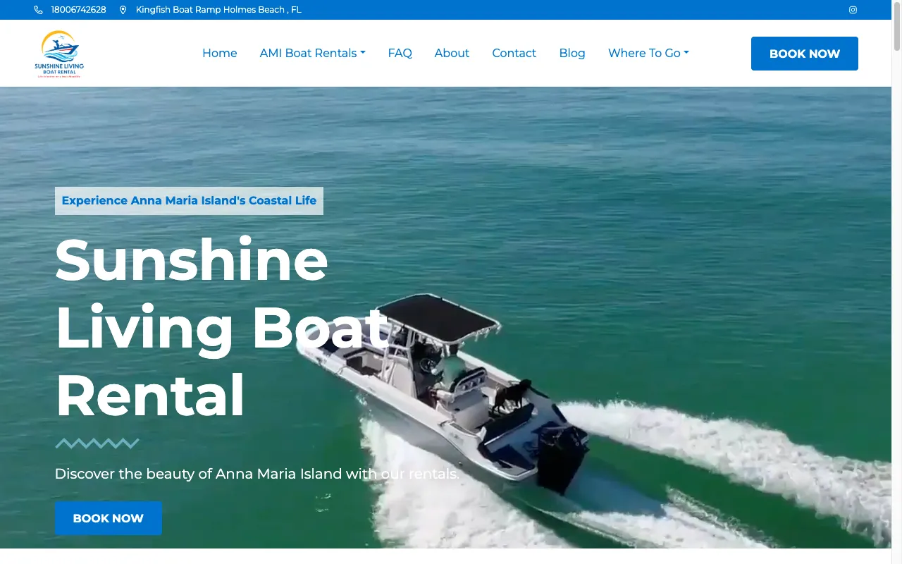 Sunshine Living Boat Rental website screenshot