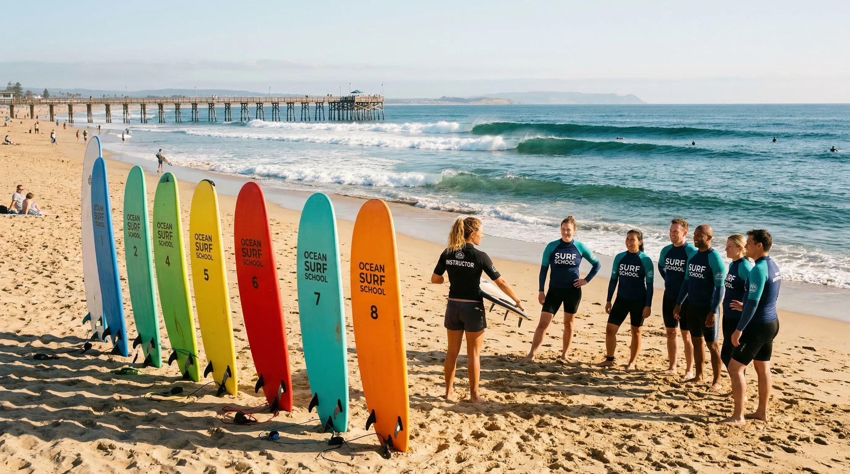 Surfer riding a wave during a surf lesson on a sunny beach