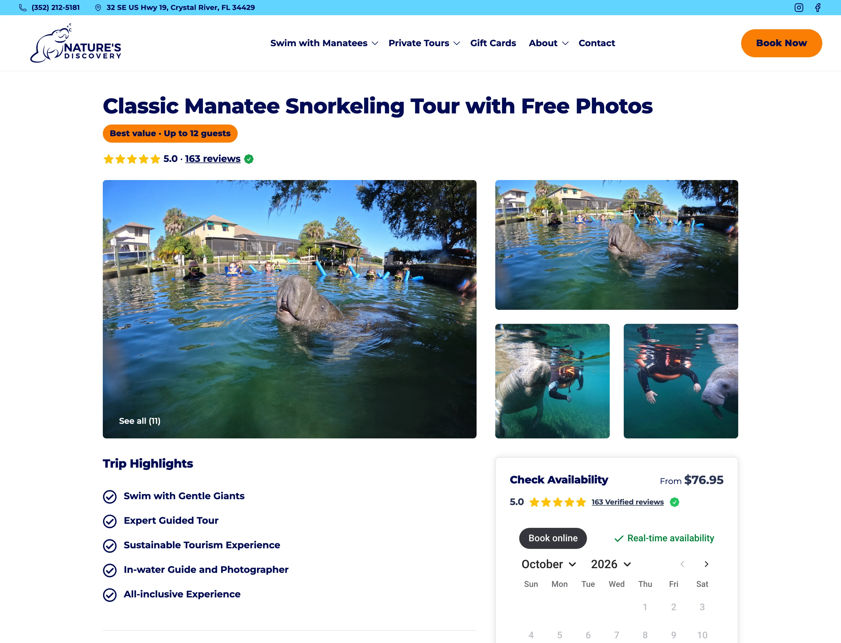 A Nature's Discovery tour page with photos, trip highlights and the FareHarbor Check Availability box with live dates