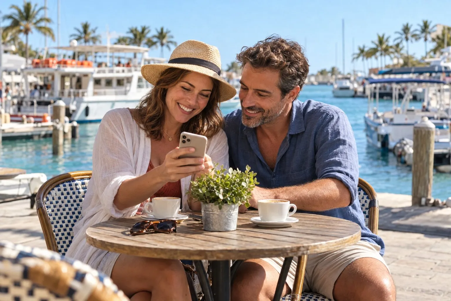 A couple at a harbor cafe booking tomorrow's boat tour on a phone