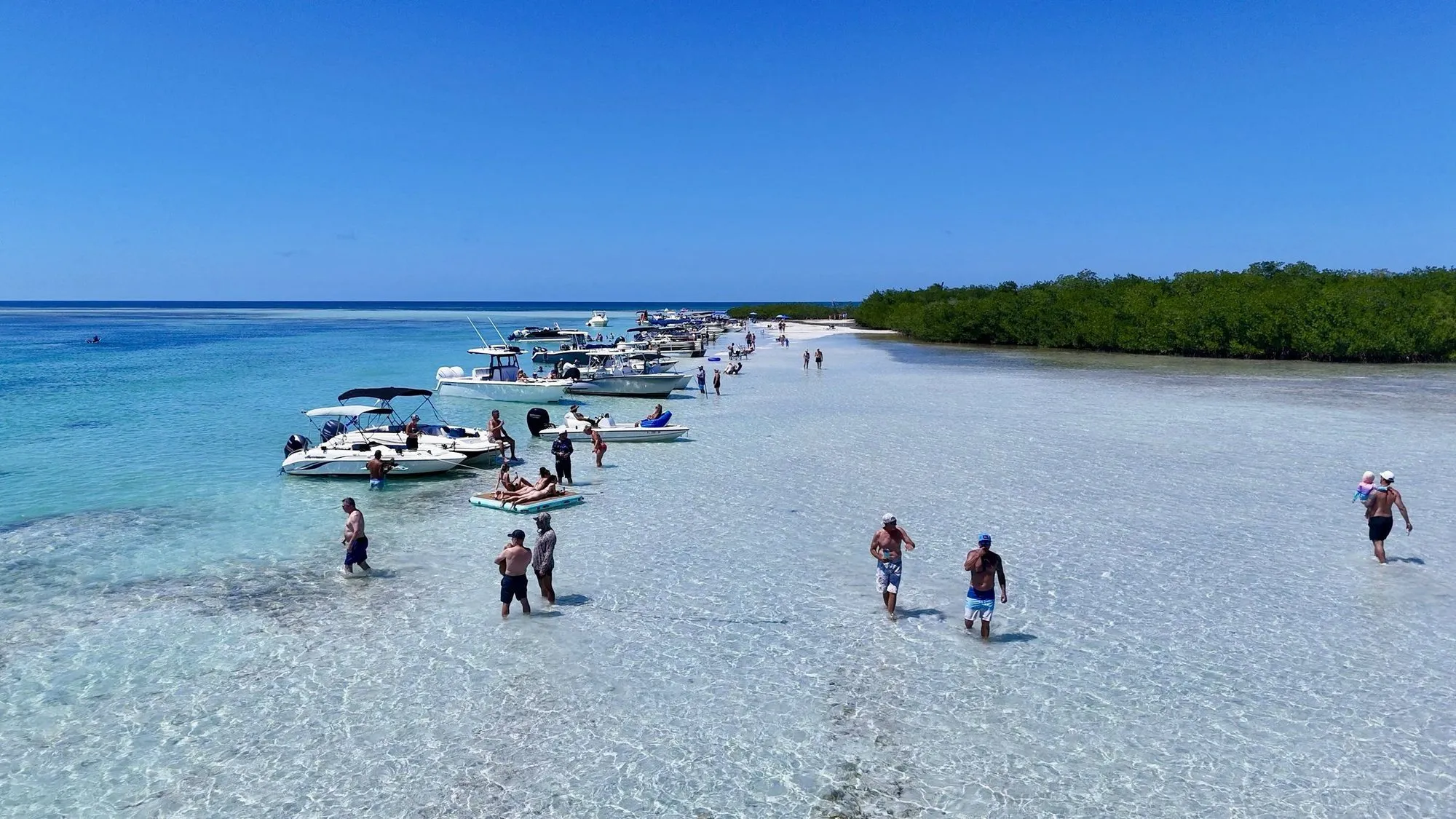 Key West Boat Trips guests wading on a sandbar next to the boats