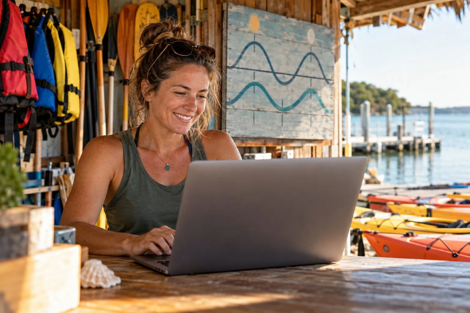A kayak shop owner at her waterfront counter, changing something on her website