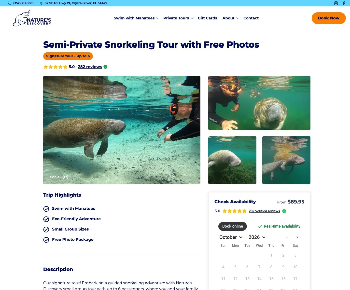 The Nature's Discovery semi-private snorkeling tour page with reviews, photos, price and a live booking calendar