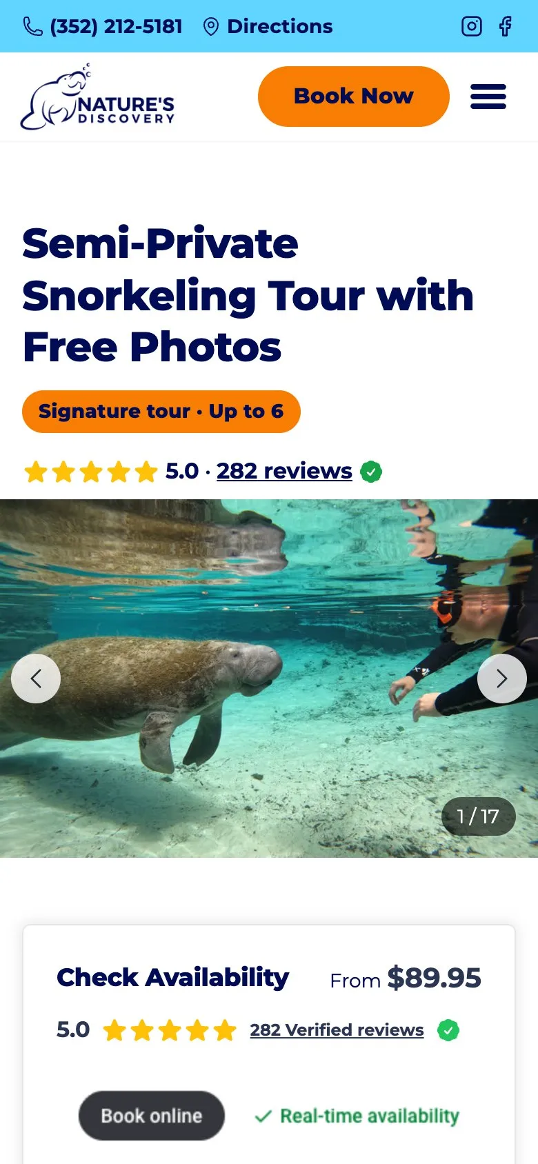 A Nature's Discovery tour page on a phone, with the price, rating and Book online button