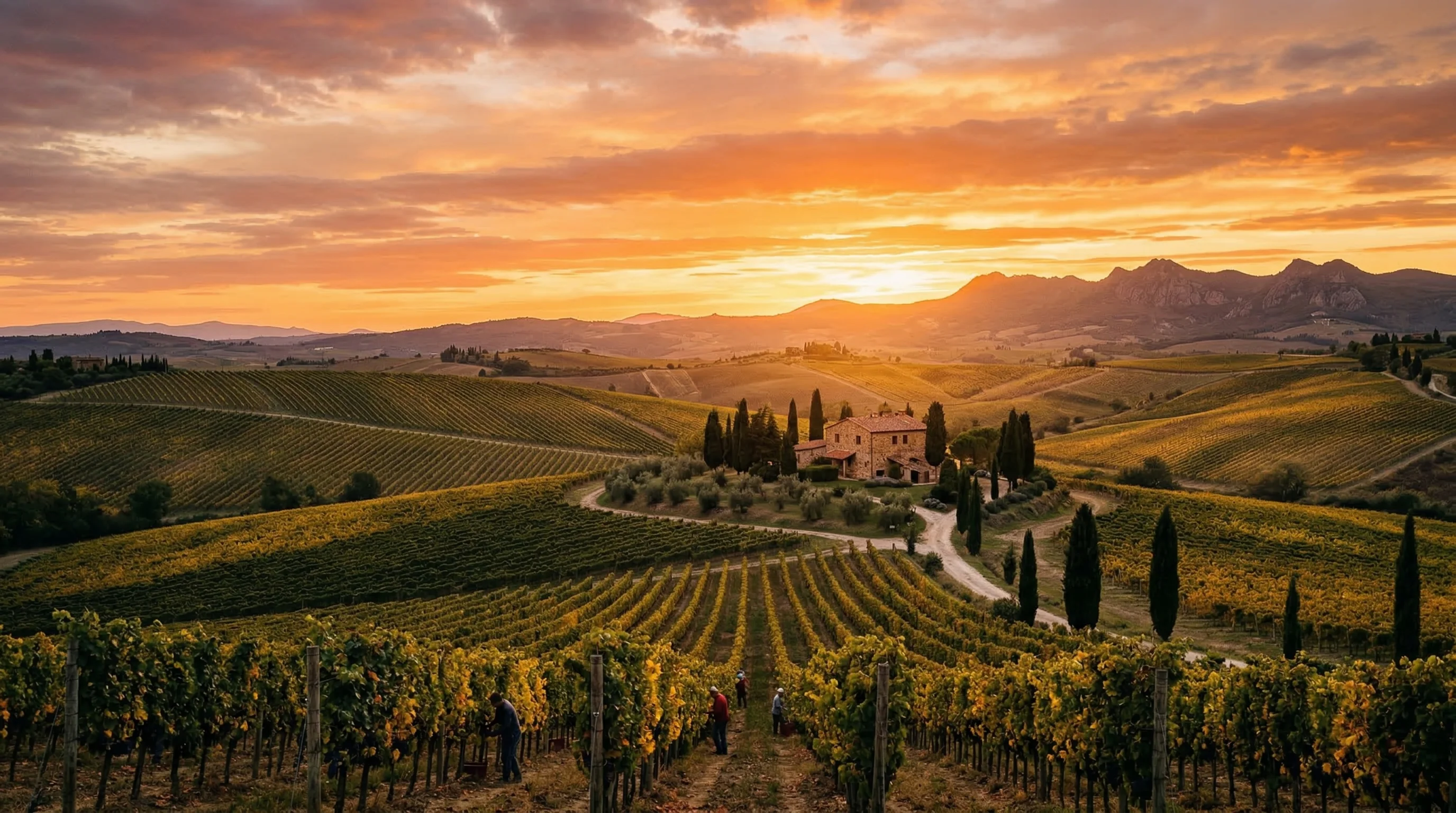 Guests tasting wine at a sun-drenched vineyard estate